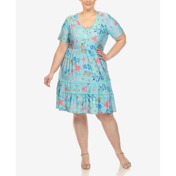NWT White Mark Plus Size Floral Short Sleeve Knee Length Dress PS327 1XL Blue - Picture 1 of 5